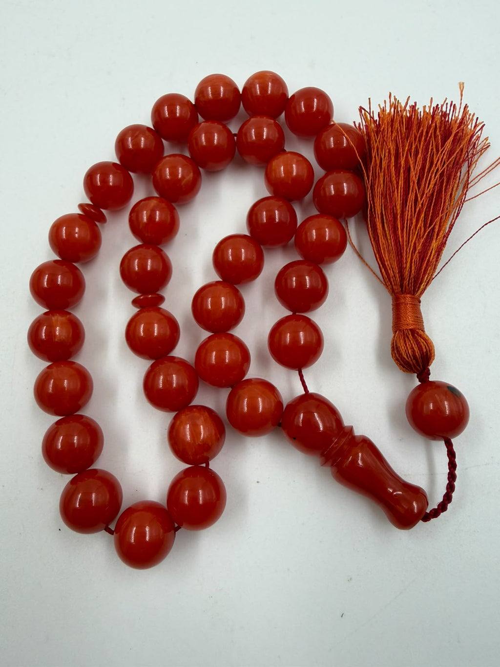 Turkish Faturan misbaha 33 beads coiled view showing silk tassel and imama bead