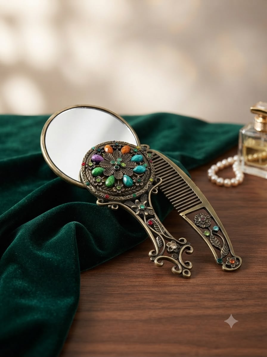 Vintage Jeweled Hand Mirror & Comb Set – Antique Bronze Metal | Colorful Gemstone Beads | Art Nouveau Vanity Gift
