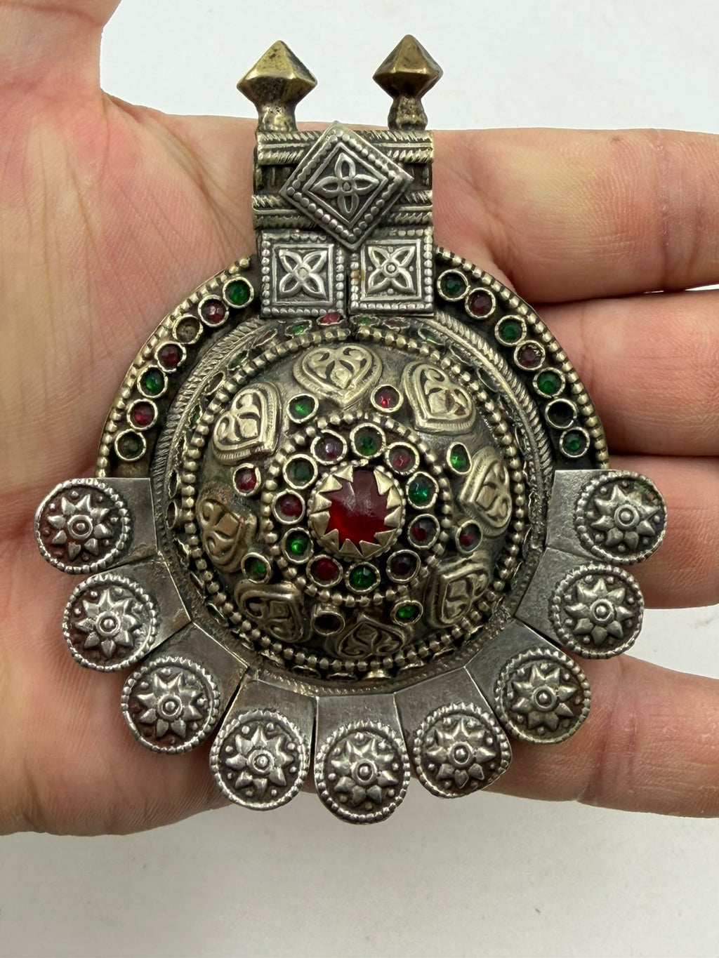 Antique Afghan Tribal Silver Pendant with Red & Green Gemstones