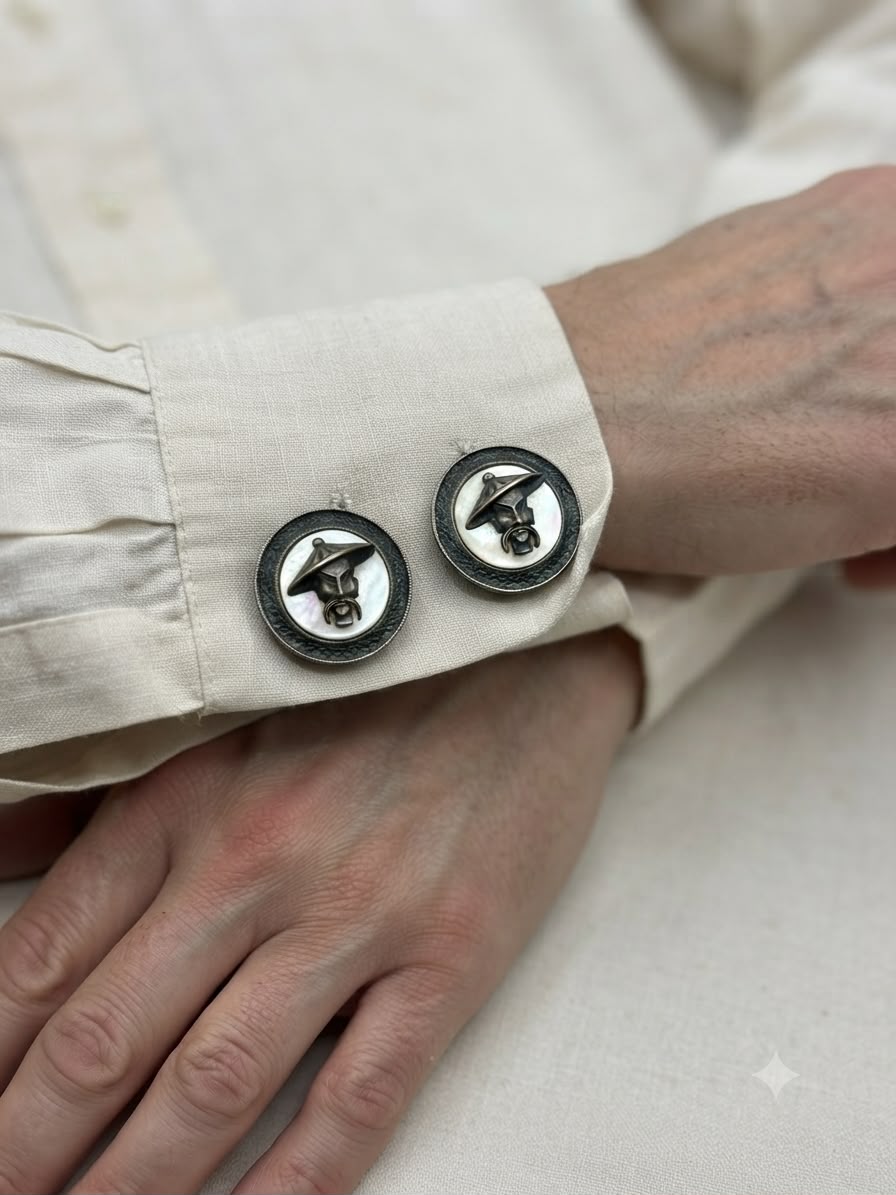 Soviet era cufflinks - iridescent mother of pearl detail close-up macro