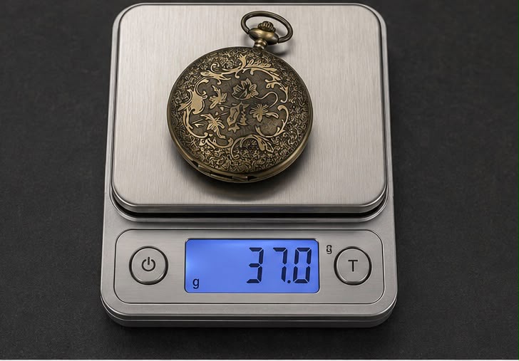 Vintage bronze pocket watch open showing black dial with Roman numerals and red 24h markers