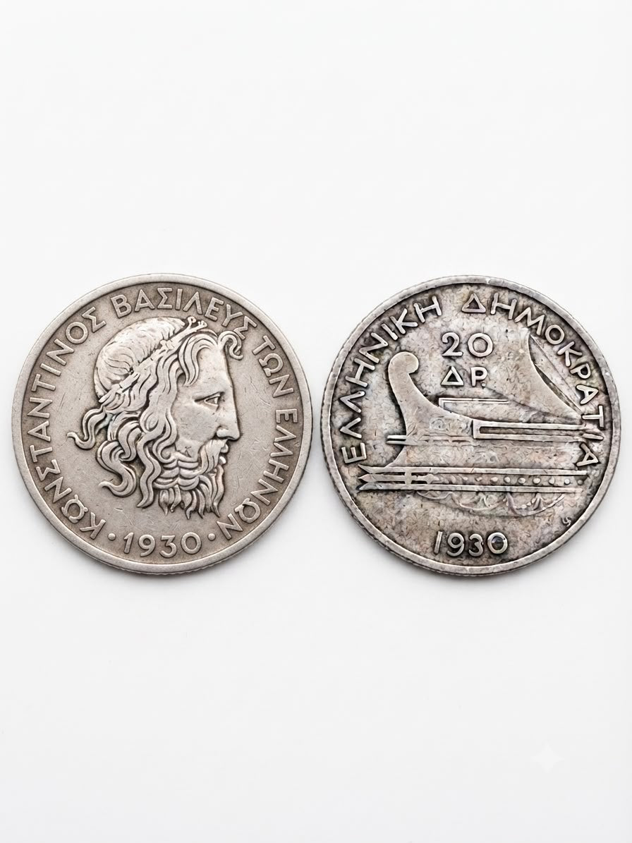 Greek 1930 20 Drachmai silver coin - both sides shown side by side comparison