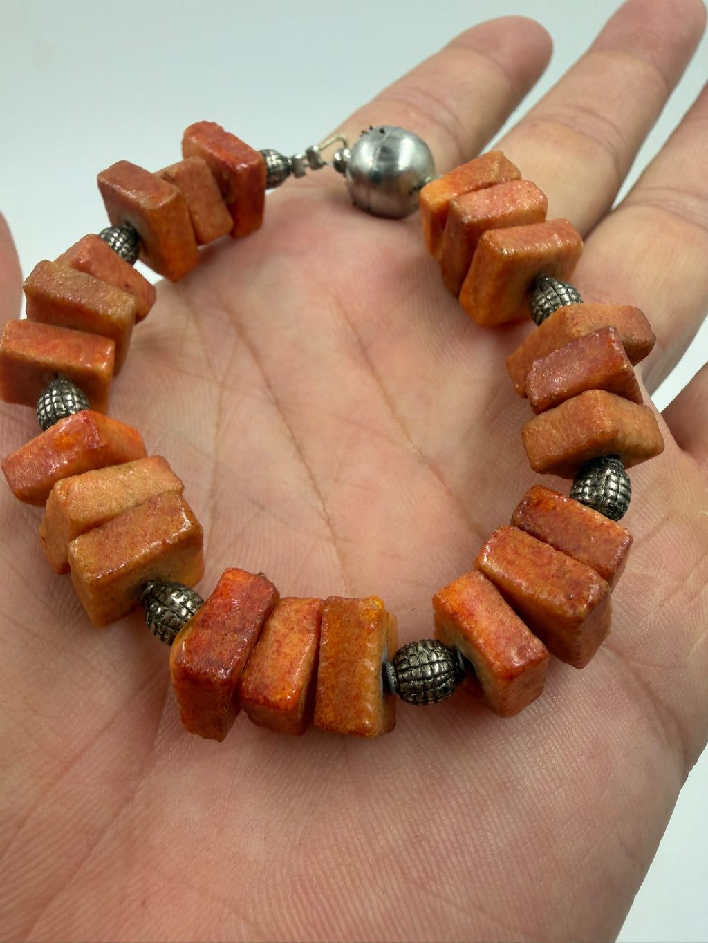 Natural coral bracelet - front view with magnetic clasp