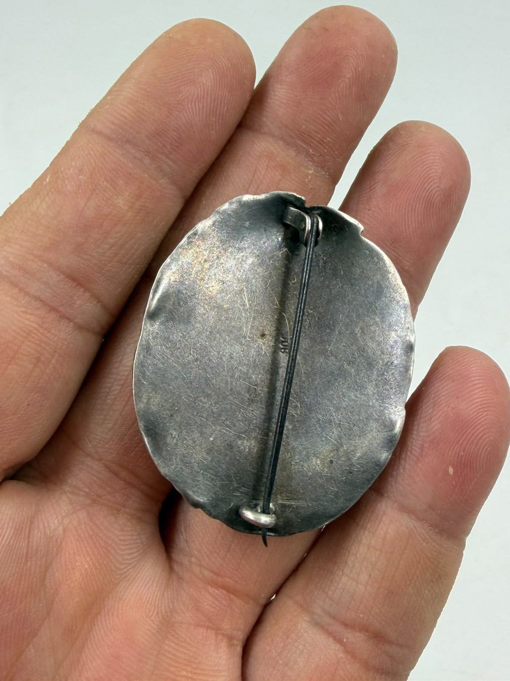 Vintage Silver 800 Brooch with Green Stone – Floral Repousse Art Nouveau Pin