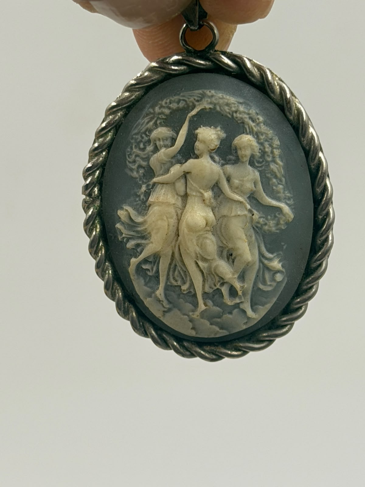 925 silver Three Graces cameo pendant front view showing full neoclassical bas-relief composition