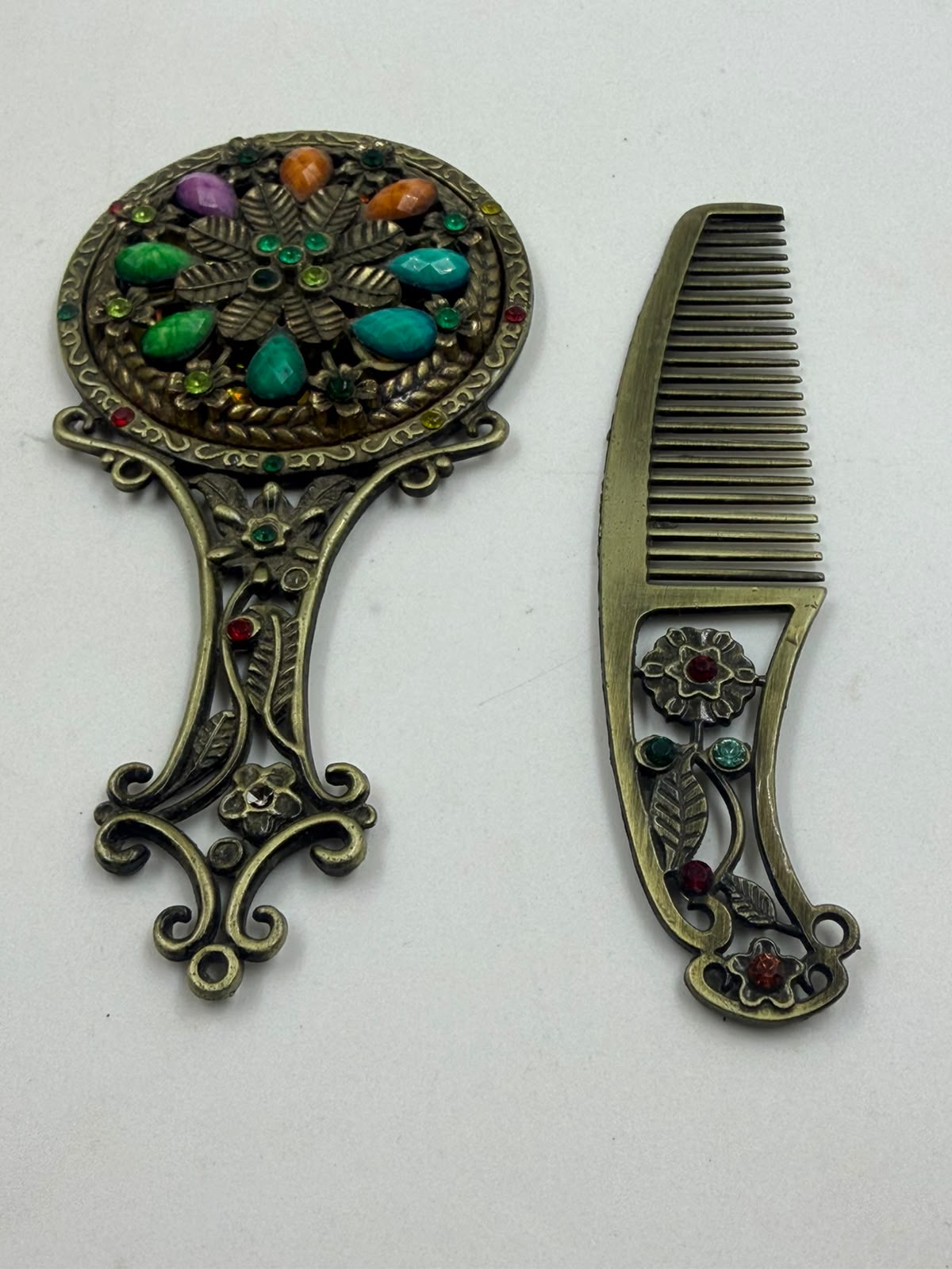 Vintage Jeweled Hand Mirror & Comb Set – Antique Bronze Metal | Colorful Gemstone Beads | Art Nouveau Vanity Gift