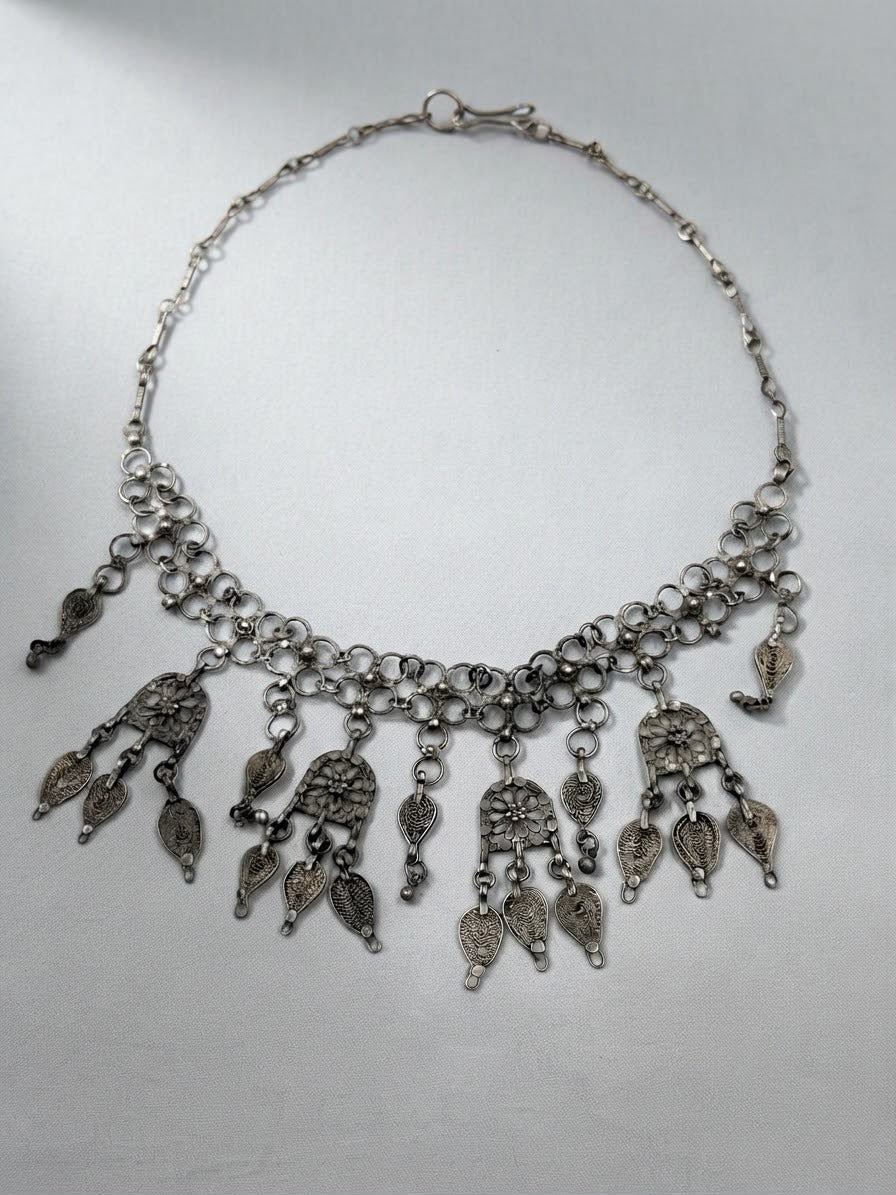 Antique Yemeni silver filigree necklace full flat lay