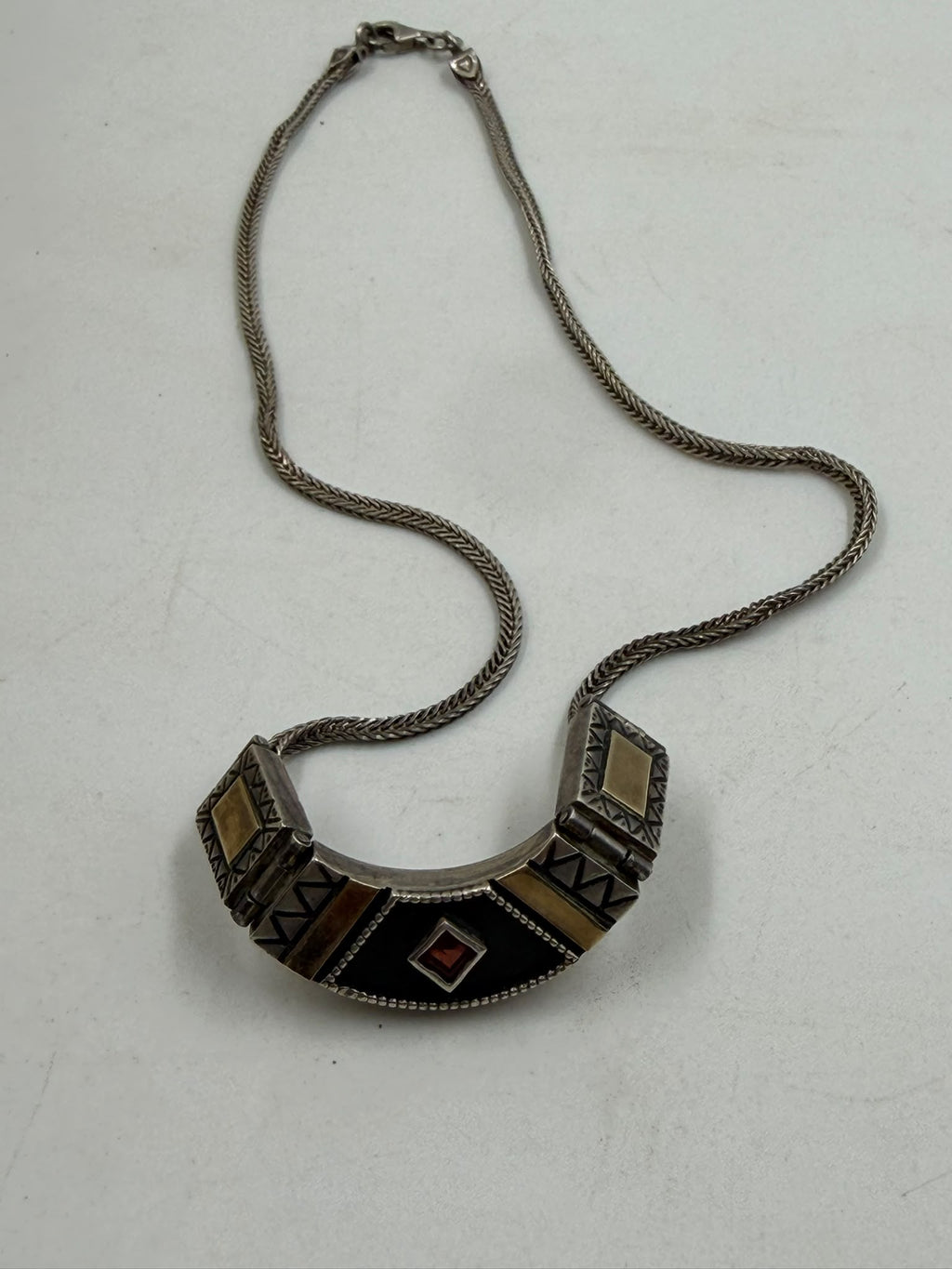 Vintage Sterling Silver 925 Gold Vermeil Tribal Bib Necklace with Garnet