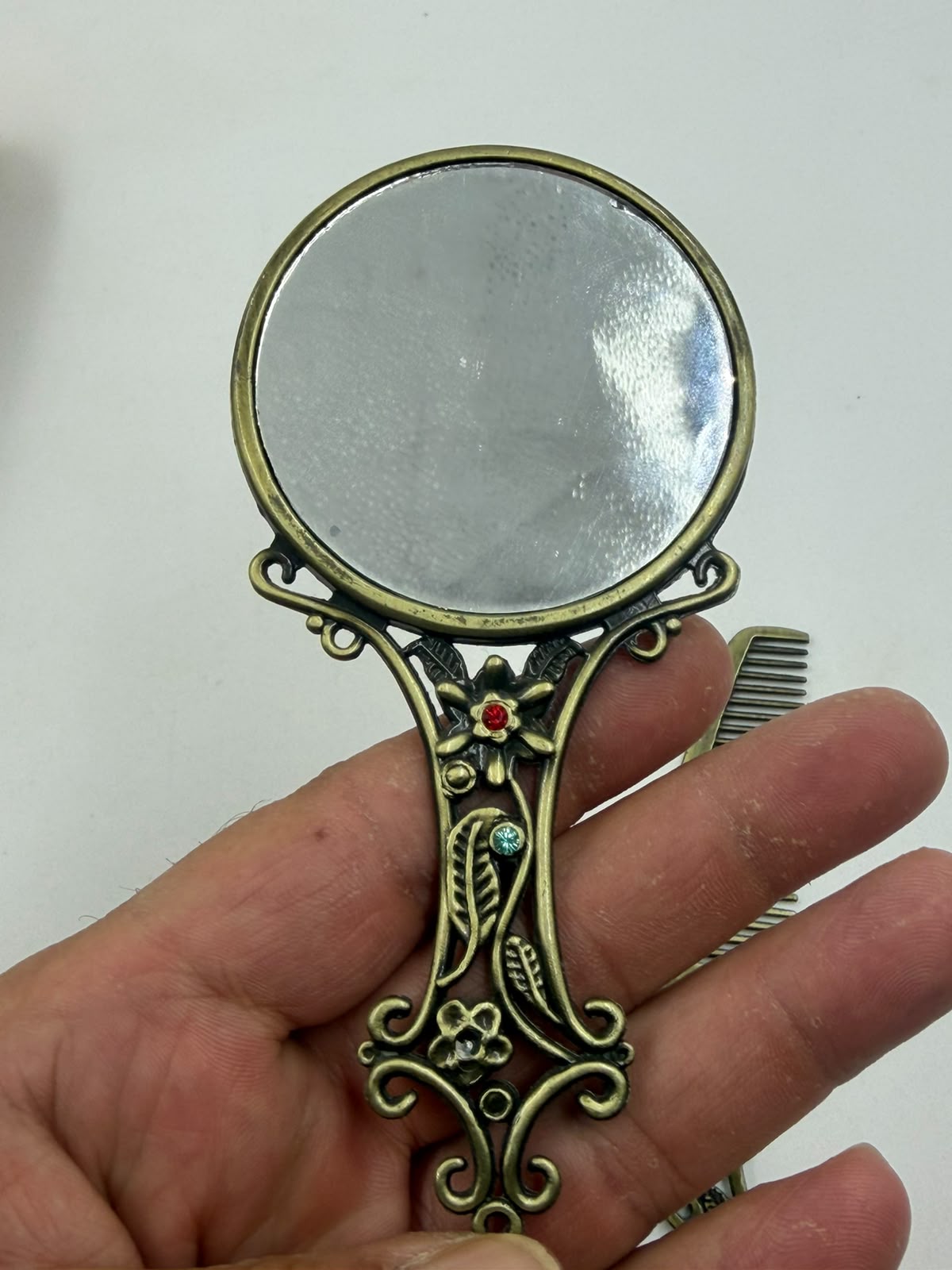 Vintage Jeweled Hand Mirror & Comb Set – Antique Bronze Metal | Colorful Gemstone Beads | Art Nouveau Vanity Gift