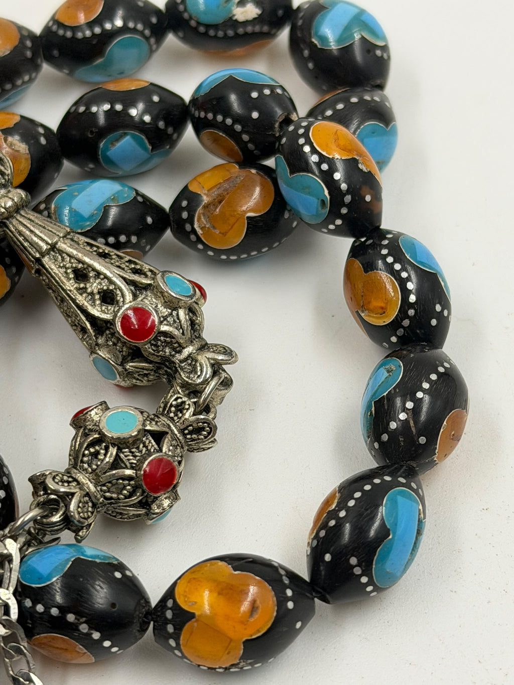 Egyptian Coke Misbaha – 33 Beads | Turquoise & Amber Inlay | Coin Tassel