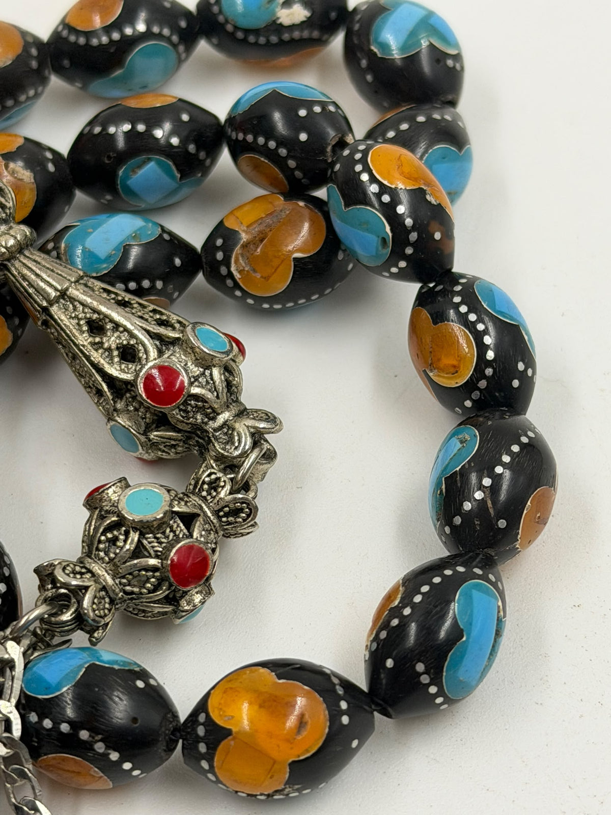 Egyptian Coke Misbaha – 33 Beads | Turquoise & Amber Inlay | Coin Tassel