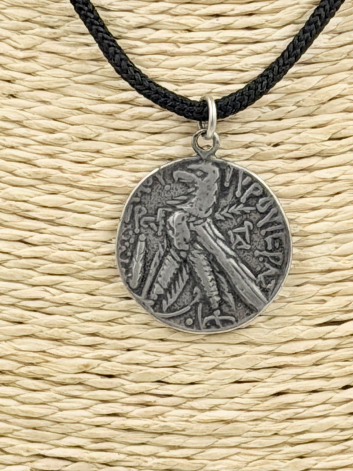 800 silver antique coin pendant detail showing warrior engraving