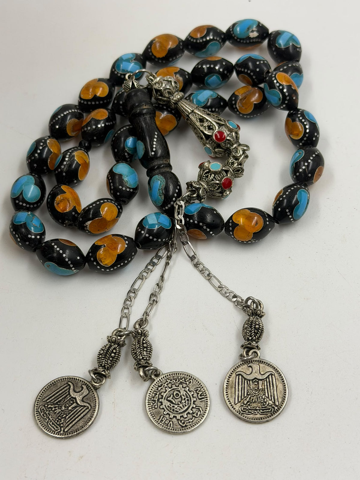 Egyptian Coke Misbaha – 33 Beads | Turquoise & Amber Inlay | Coin Tassel