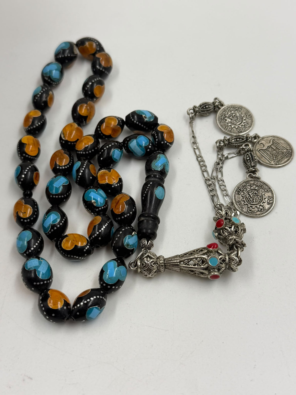 Egyptian Coke Misbaha – 33 Beads | Turquoise & Amber Inlay | Coin Tassel