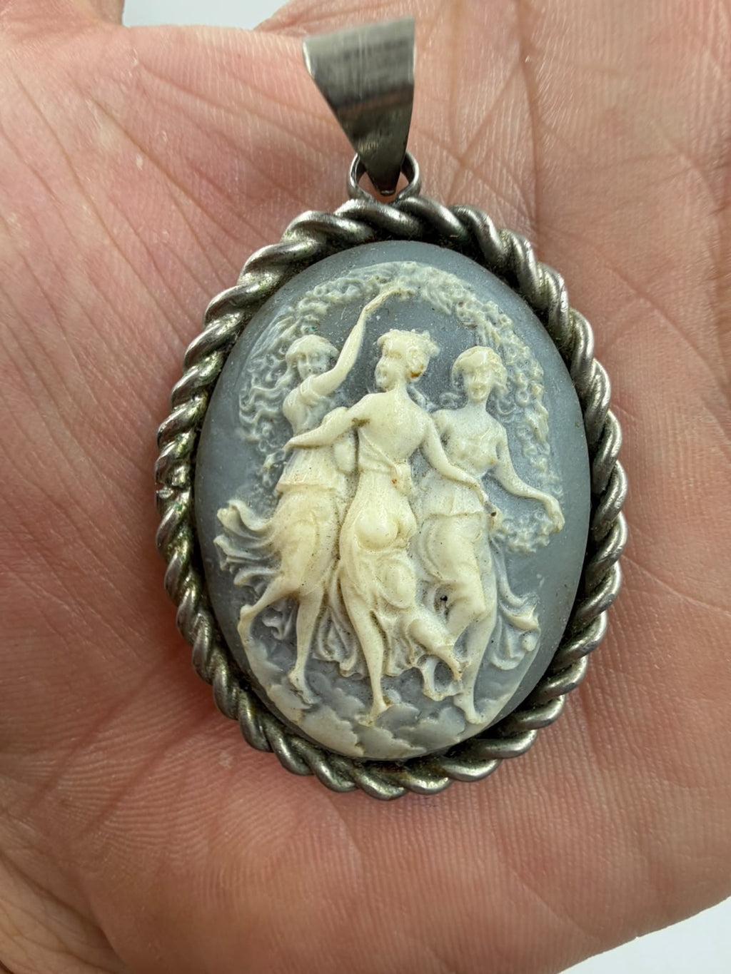 925 silver Three Graces cameo pendant full front on white background showing complete composition