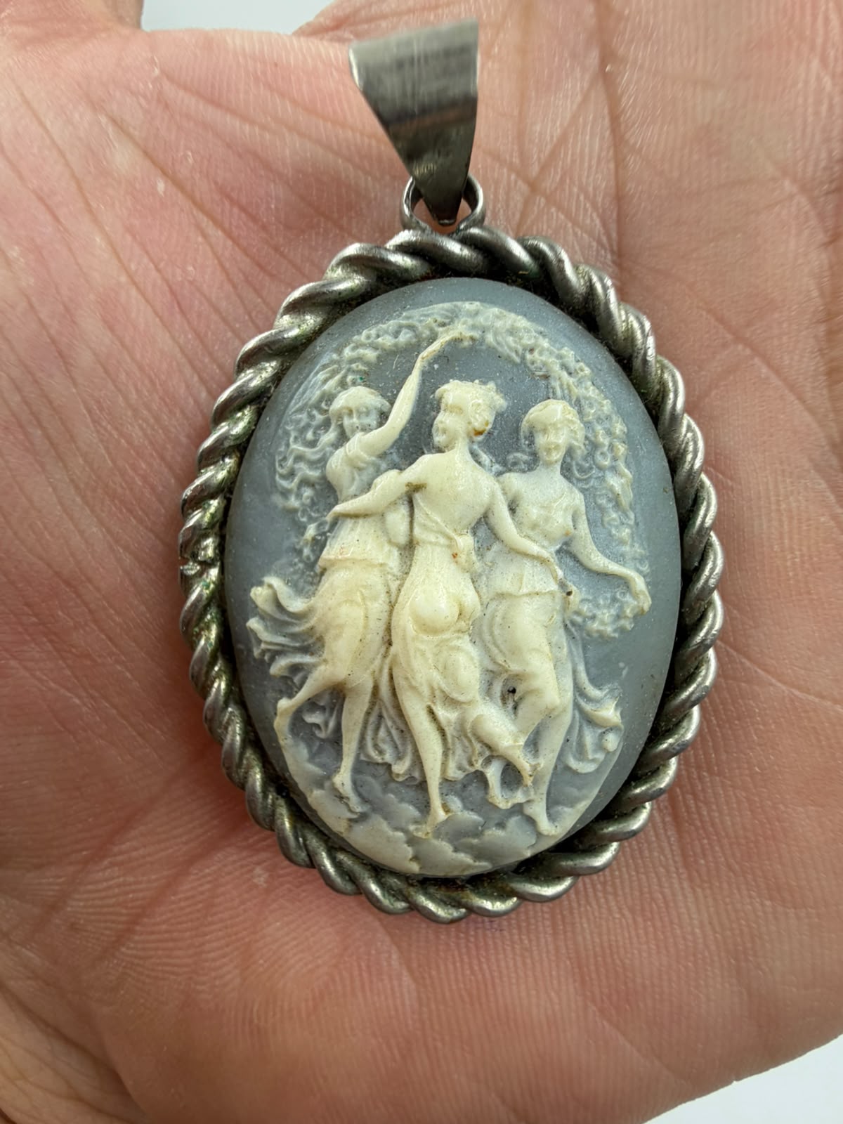 925 silver Three Graces cameo pendant full front on white background showing complete composition