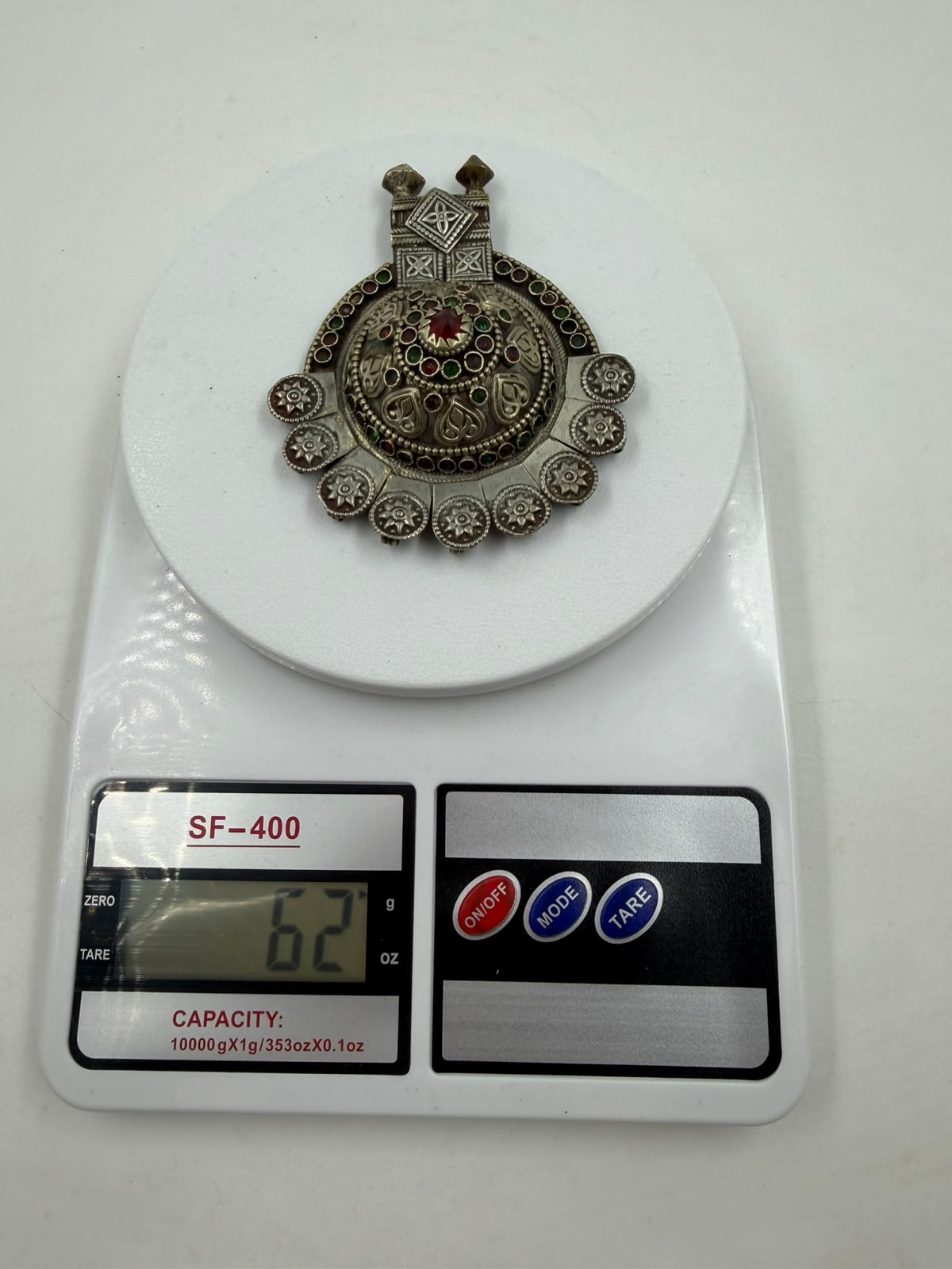Antique Afghan Tribal Silver Pendant with Red & Green Gemstones