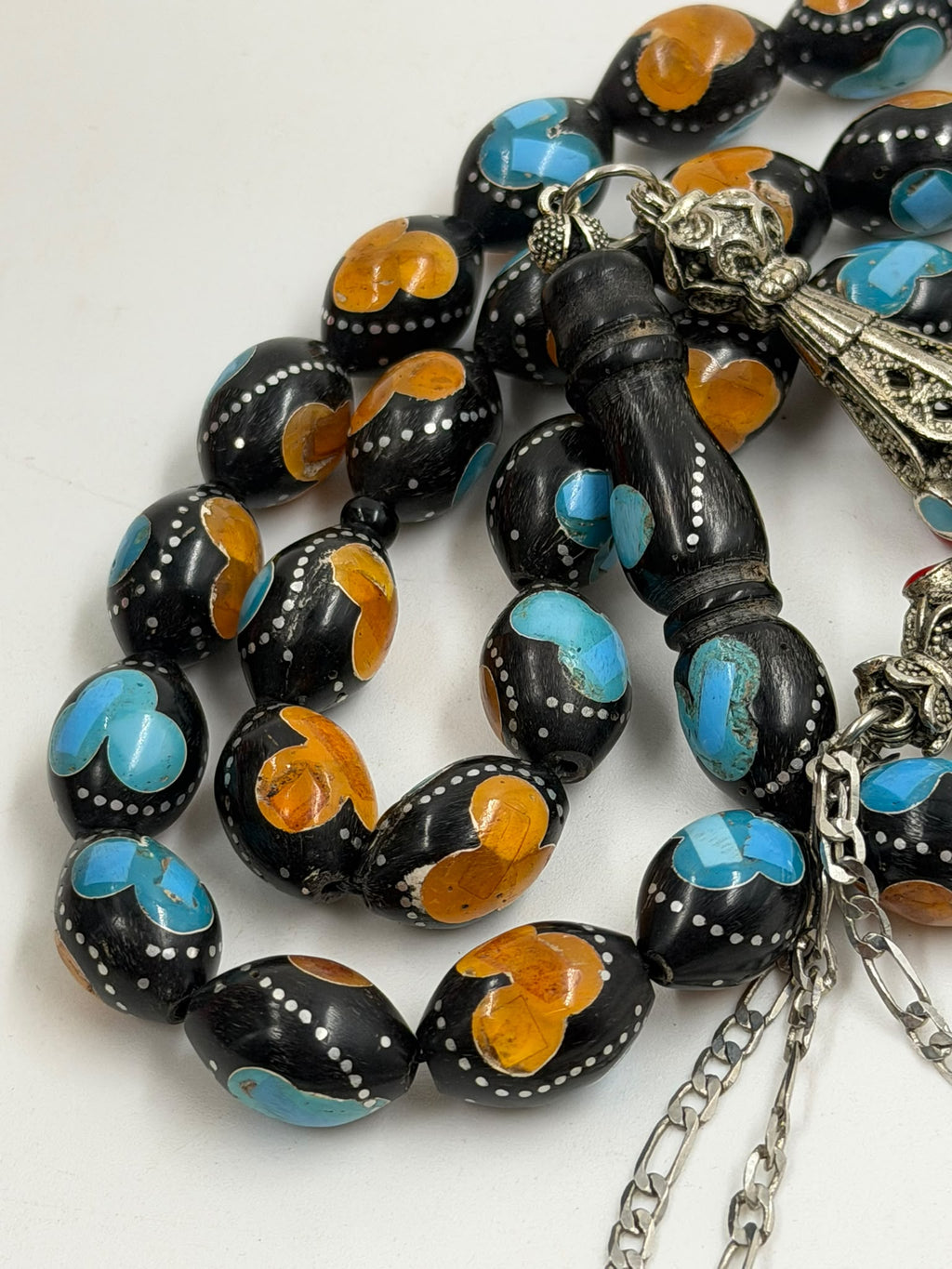 Egyptian Coke Misbaha – 33 Beads | Turquoise & Amber Inlay | Coin Tassel