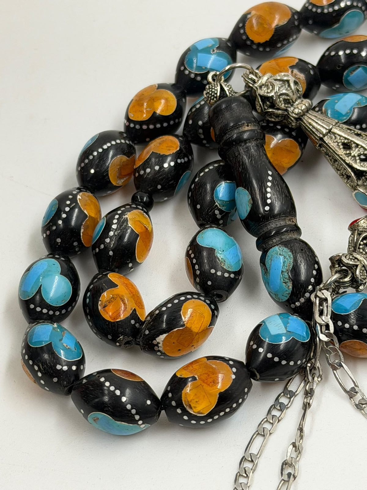 Egyptian Coke Misbaha – 33 Beads | Turquoise & Amber Inlay | Coin Tassel