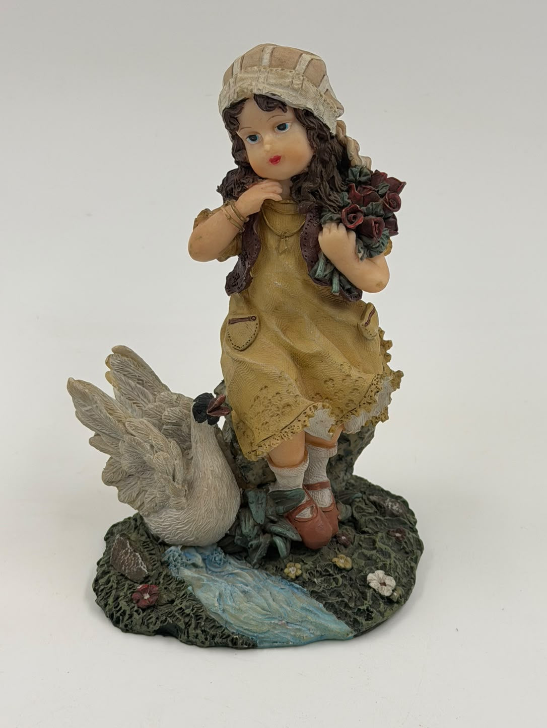 Vintage resin girl with goose figurine – front view with ruler showing 8cm width