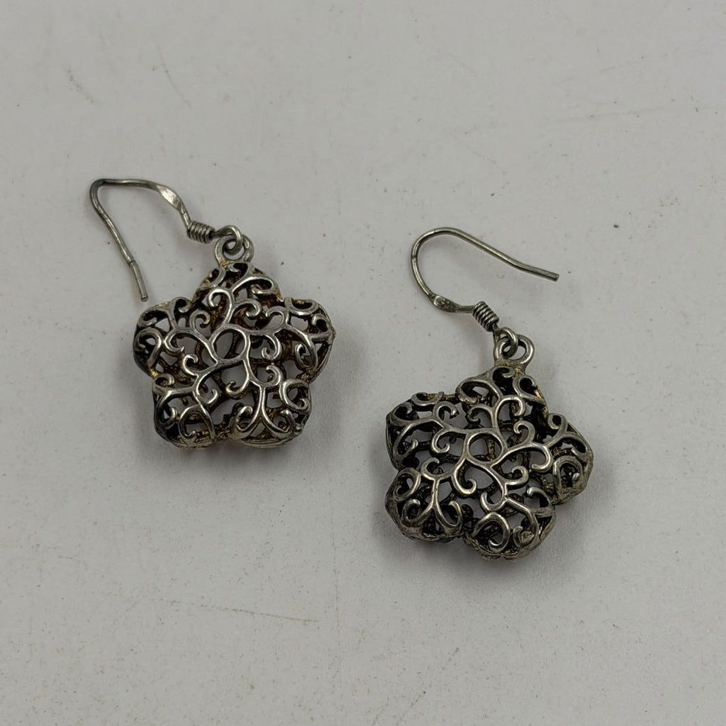 925 silver filigree flower earring single suspended showing full 3D filigree dome and hook