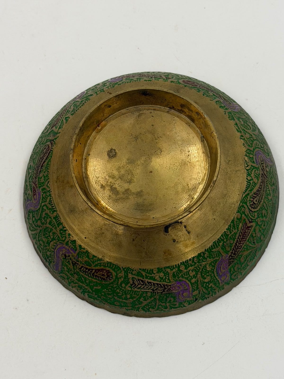 Vintage Indian brass enamel bowl - held in hand showing inside