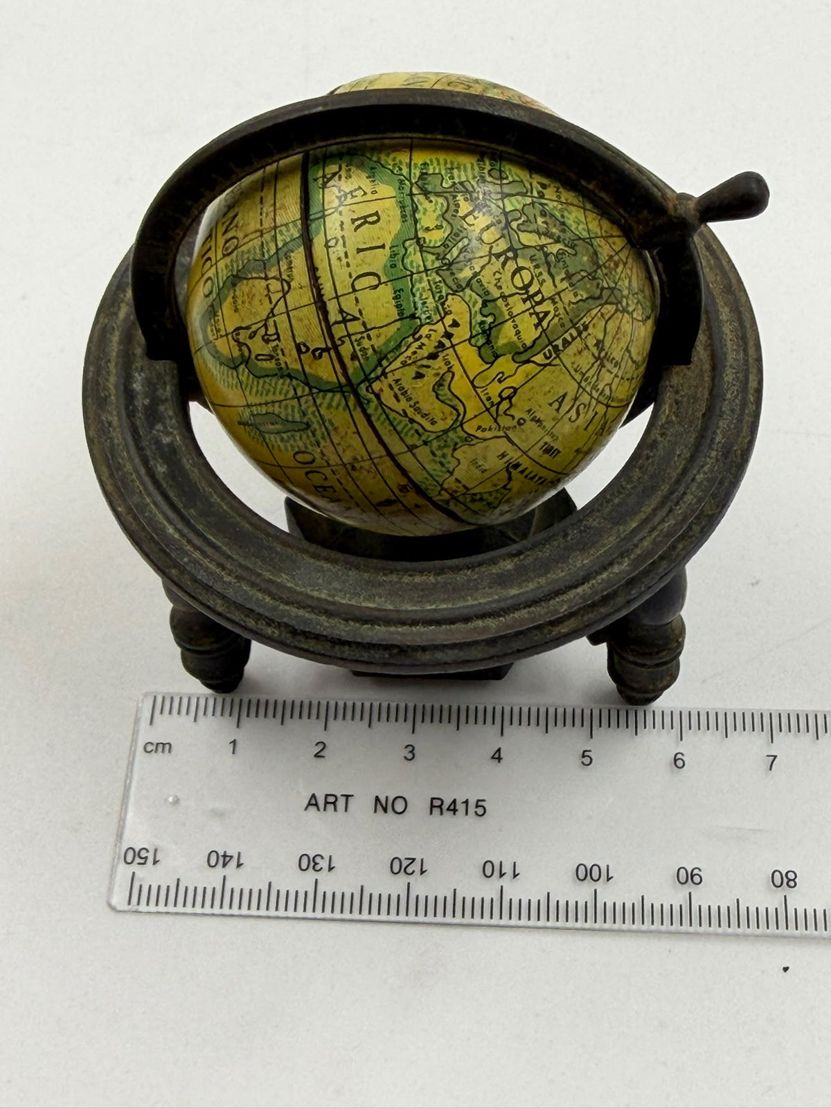 Vintage Spanish Metal Globe Pencil Sharpener – Rotating Miniature World Globe on Stand