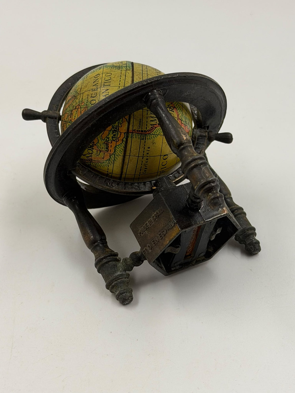 Vintage Spanish Metal Globe Pencil Sharpener – Rotating Miniature World Globe on Stand
