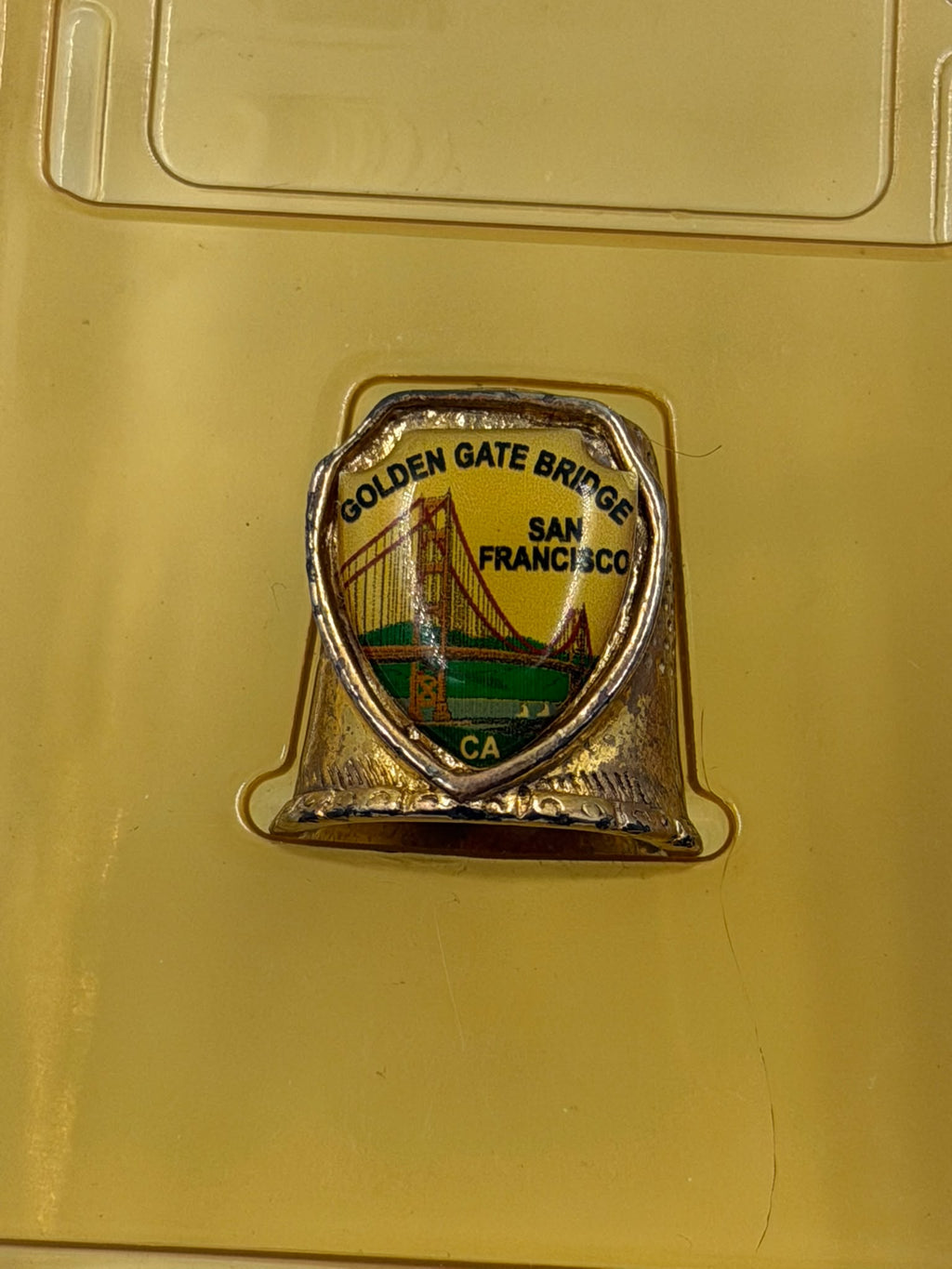 Vintage FORT USA gold thimble – box interior showing FORT USA branding