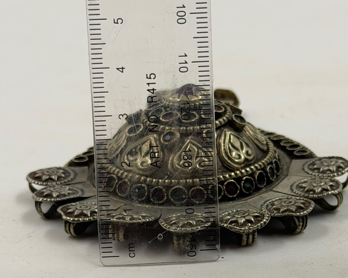 Antique Afghan Tribal Silver Pendant with Red & Green Gemstones