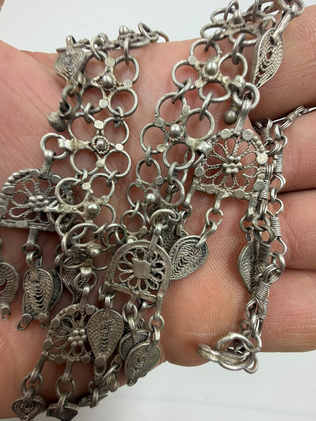Antique Yemeni silver filigree necklace wire-wrapped chain close-up