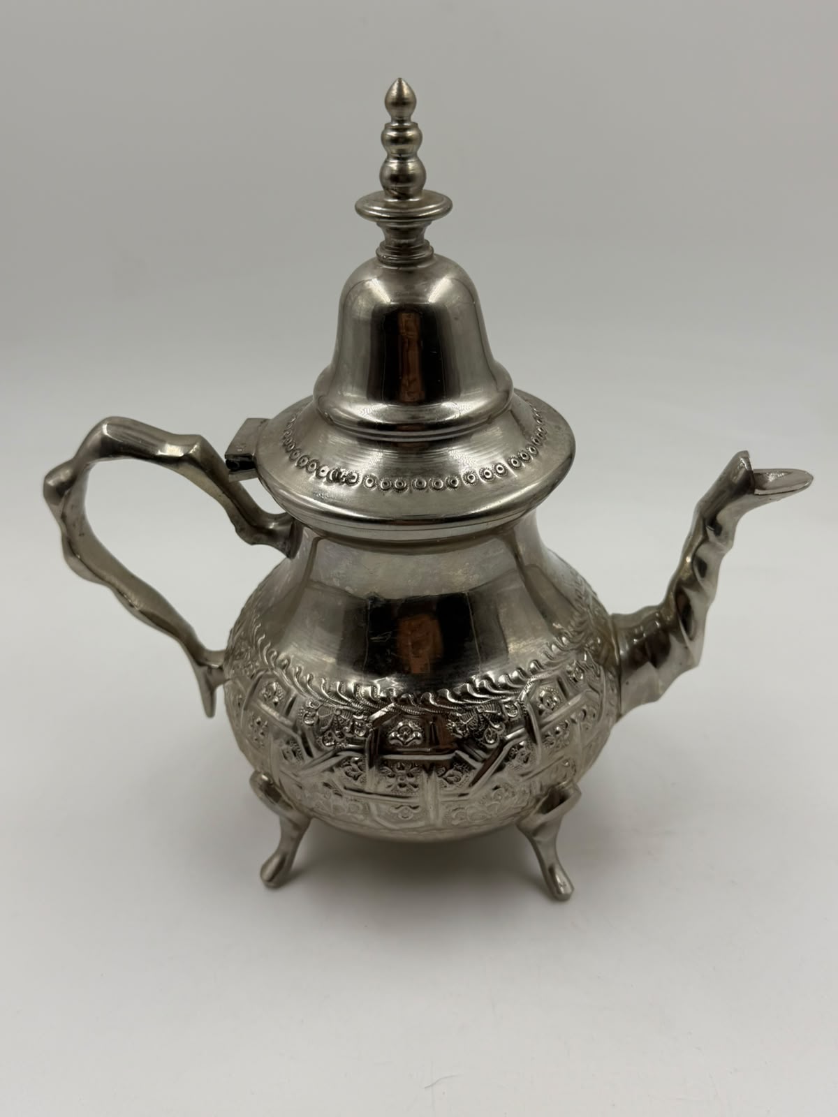 Vintage Moroccan Silver-Plated Teapot with ruler showing 20cm width