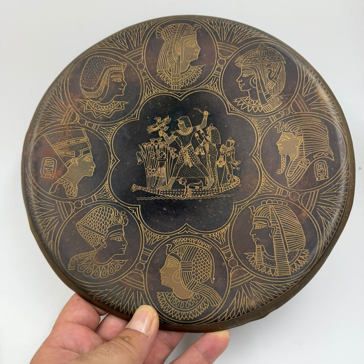 Vintage Egyptian Brass Wall Plate – Pharaohs & Nile Scene Engraved Decor