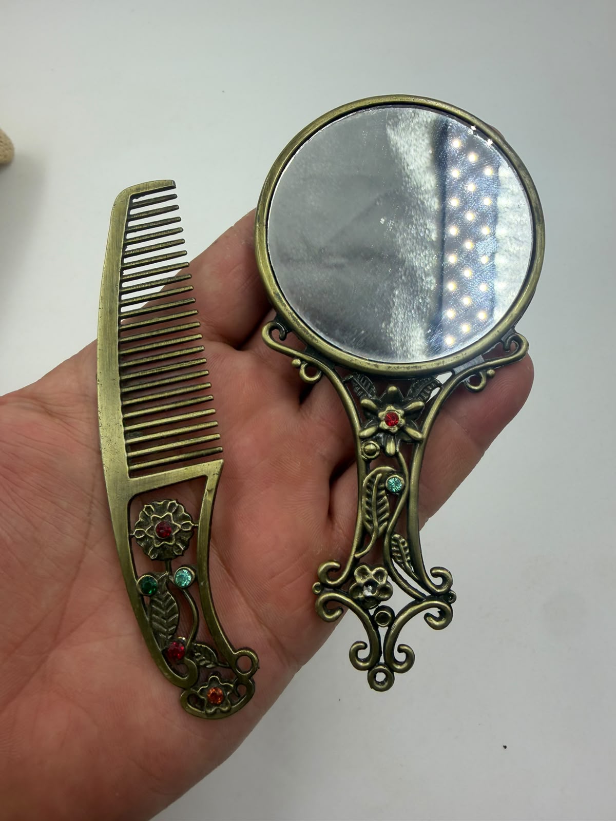 Vintage Jeweled Hand Mirror & Comb Set – Antique Bronze Metal | Colorful Gemstone Beads | Art Nouveau Vanity Gift