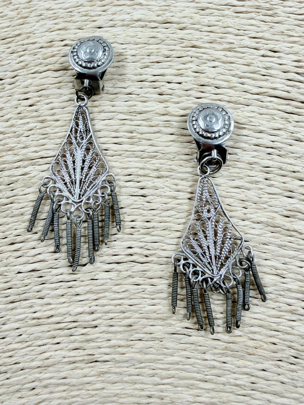 Vintage Israeli silver filigree chandelier clip-on earrings pair - front view on white background