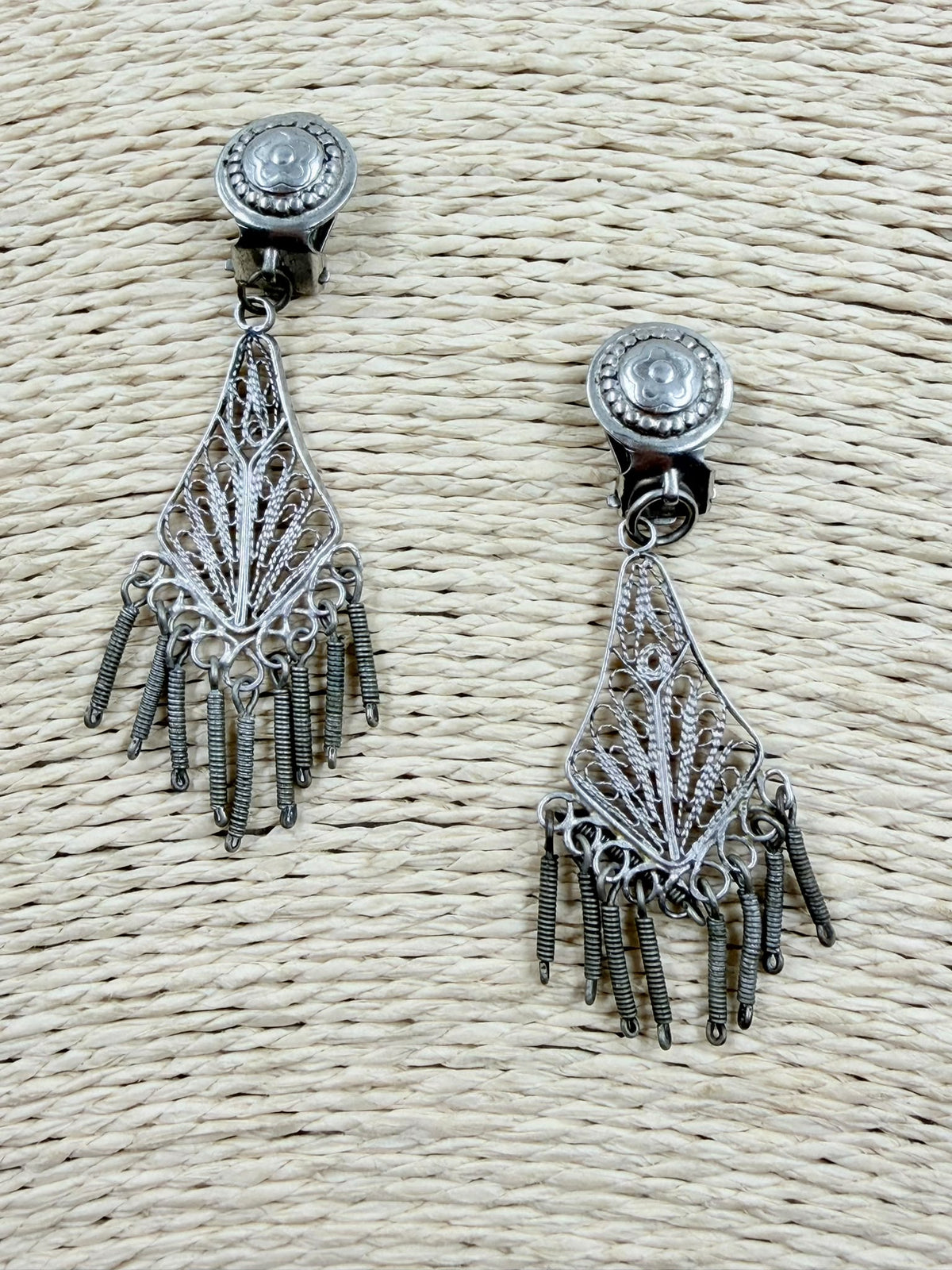 Vintage Israeli silver filigree chandelier clip-on earrings pair - front view on white background