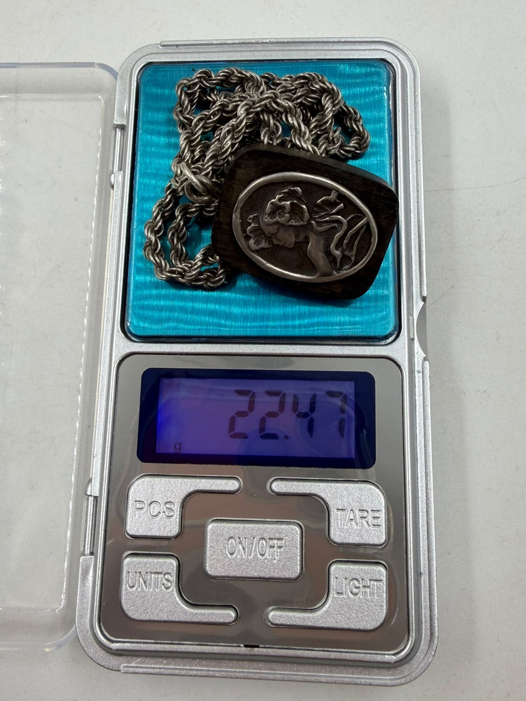 Vintage Sterling Silver 925 Rope Chain Necklace with Art Nouveau Wood & Silver Cameo Pendant