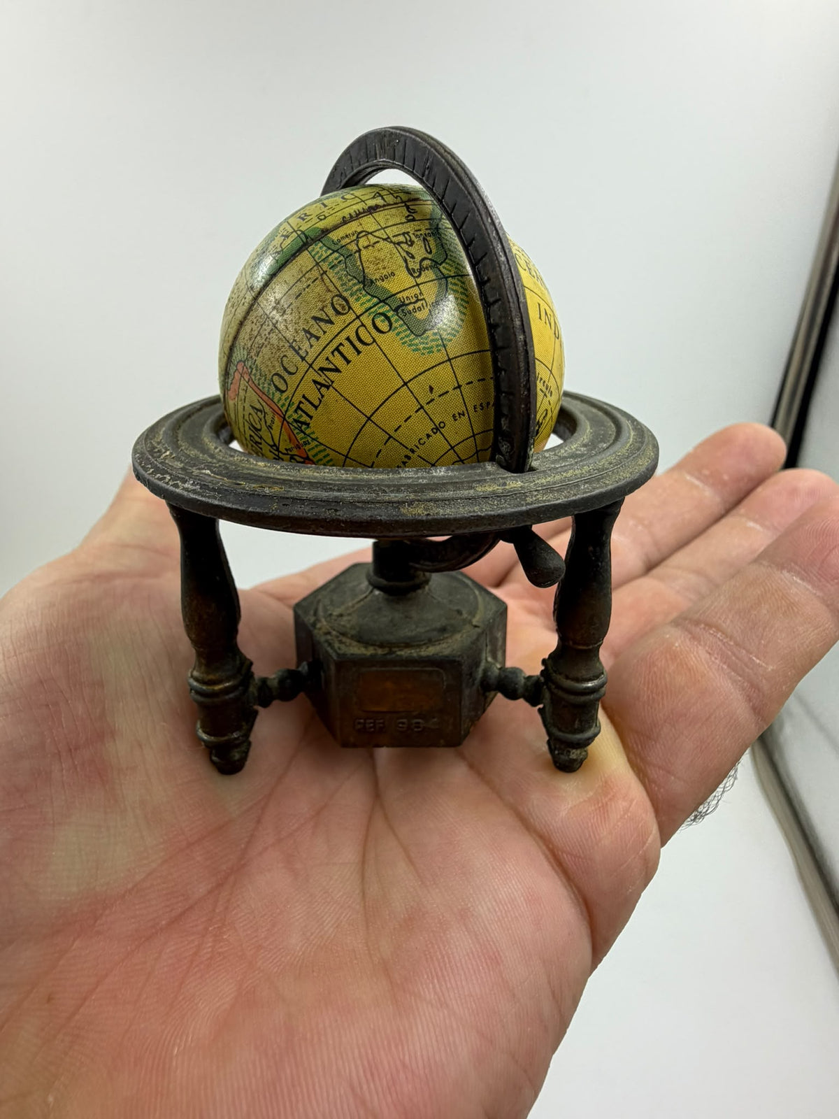 Vintage Spanish Metal Globe Pencil Sharpener – Rotating Miniature World Globe on Stand