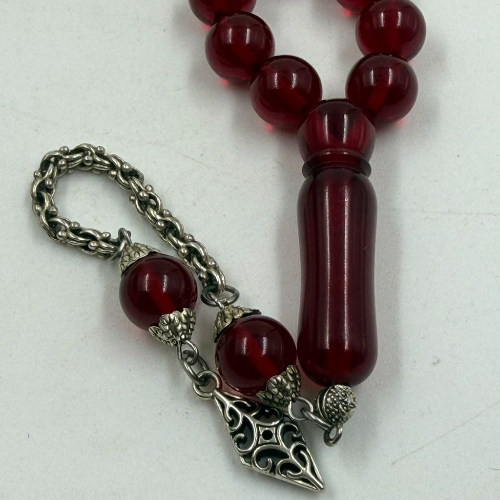 Red Musk Prayer Beads – 33 Beads 7mm | Cherry Amber Color | Silver Antimony Tassel | Daily Carry Tasbih Misbaha