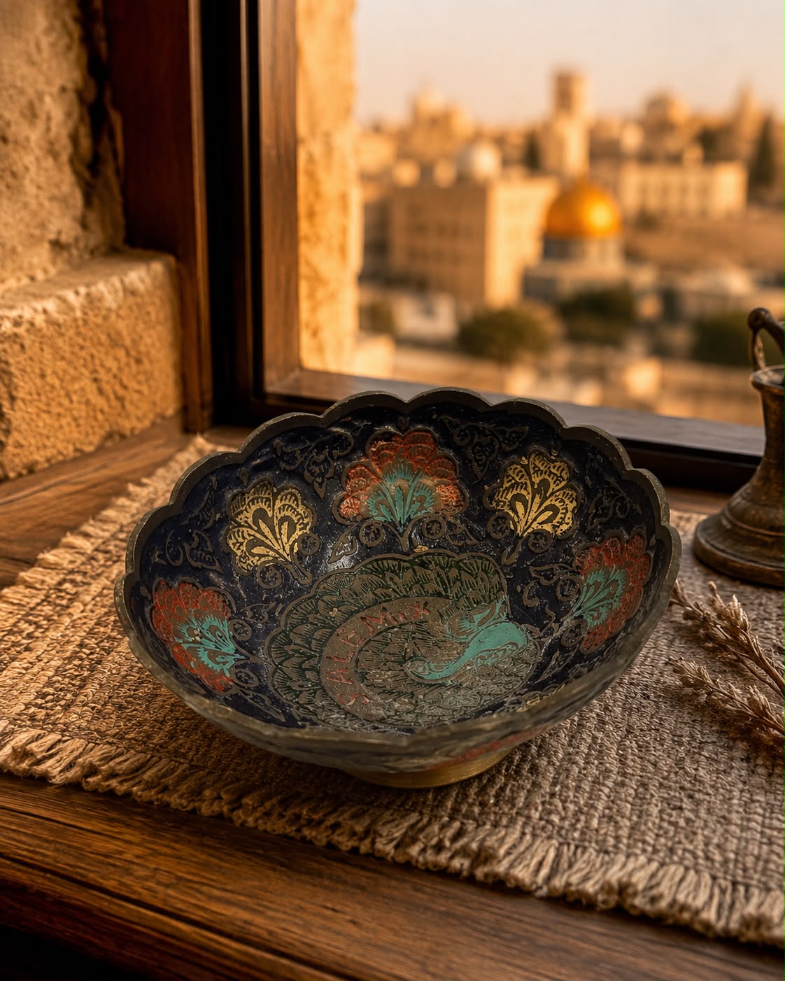 Vintage Jerusalem Brass Cloisonné Bowl – Hand-Painted Peacock Decorative Dish