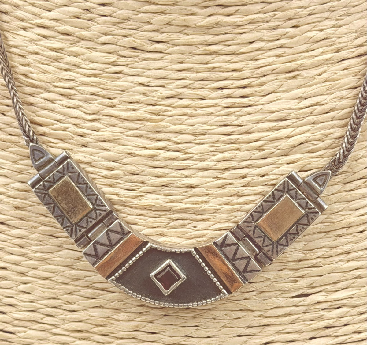 Vintage Sterling Silver 925 Gold Vermeil Tribal Bib Necklace with Garnet
