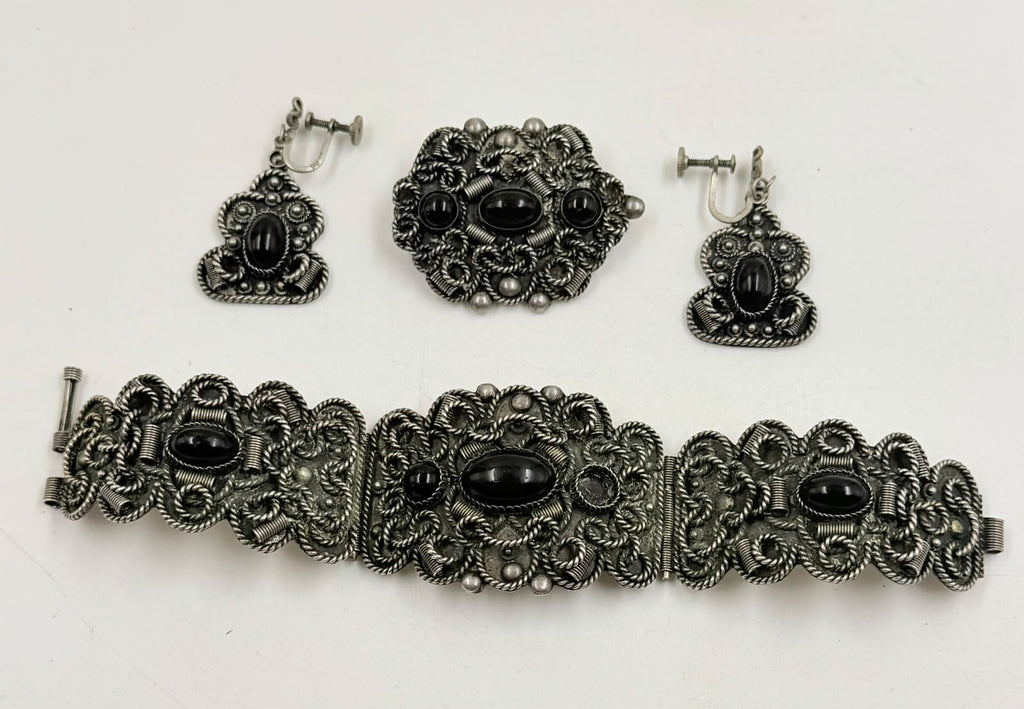 Vintage Israeli Silver Filigree Jewelry Set | Bracelet, Earrings & Brooch | Black Onyx Beads | 74.5g | Hallmarked