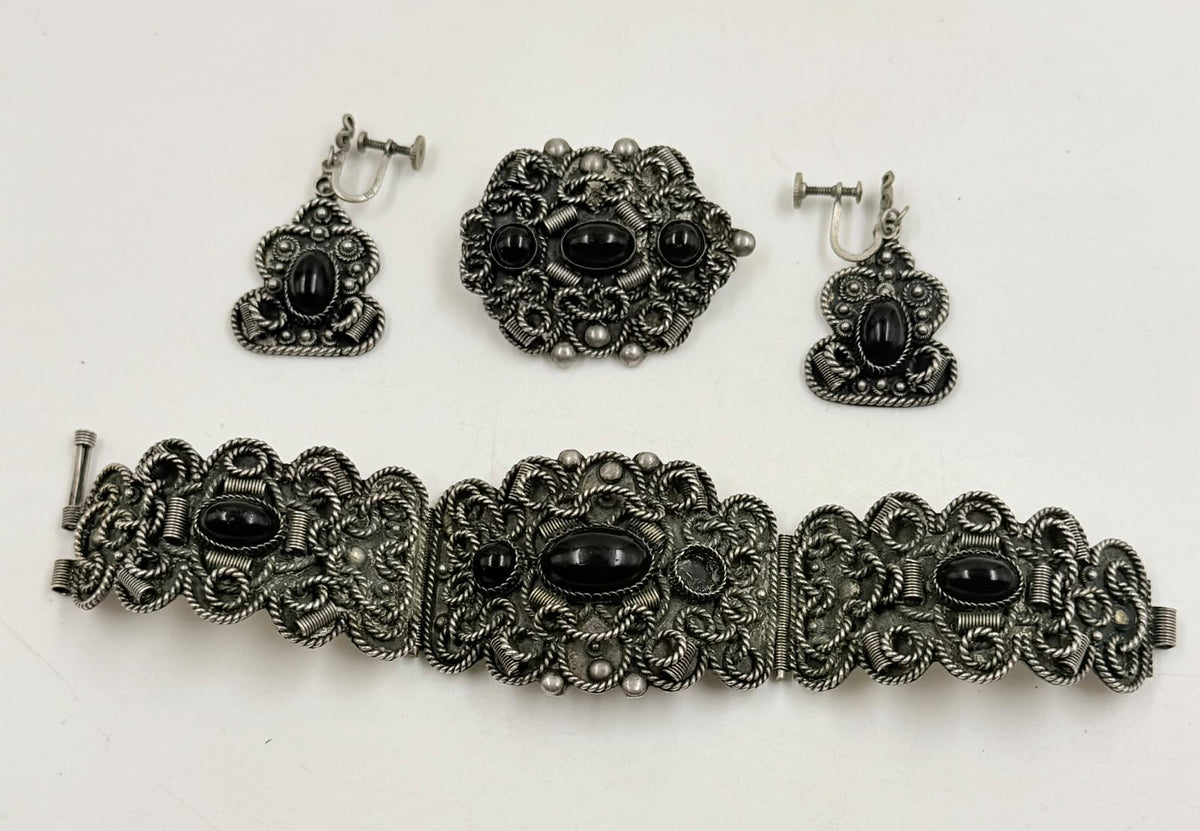 Vintage Israeli Silver Filigree Jewelry Set | Bracelet, Earrings & Brooch | Black Onyx Beads | 74.5g | Hallmarked