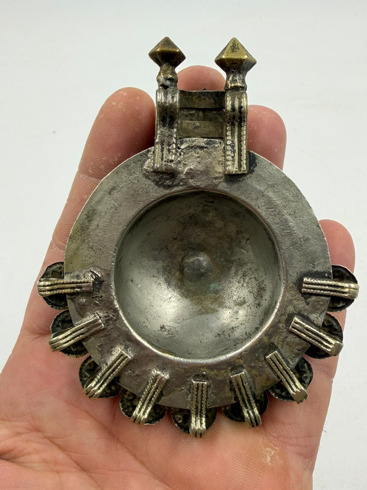 Antique Afghan Tribal Silver Pendant with Red & Green Gemstones
