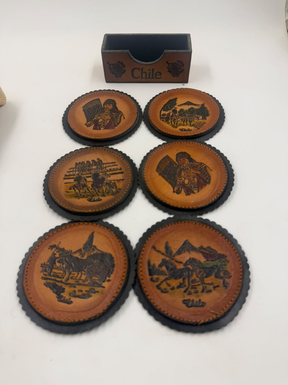 Chilean leather coaster with horsemen scene