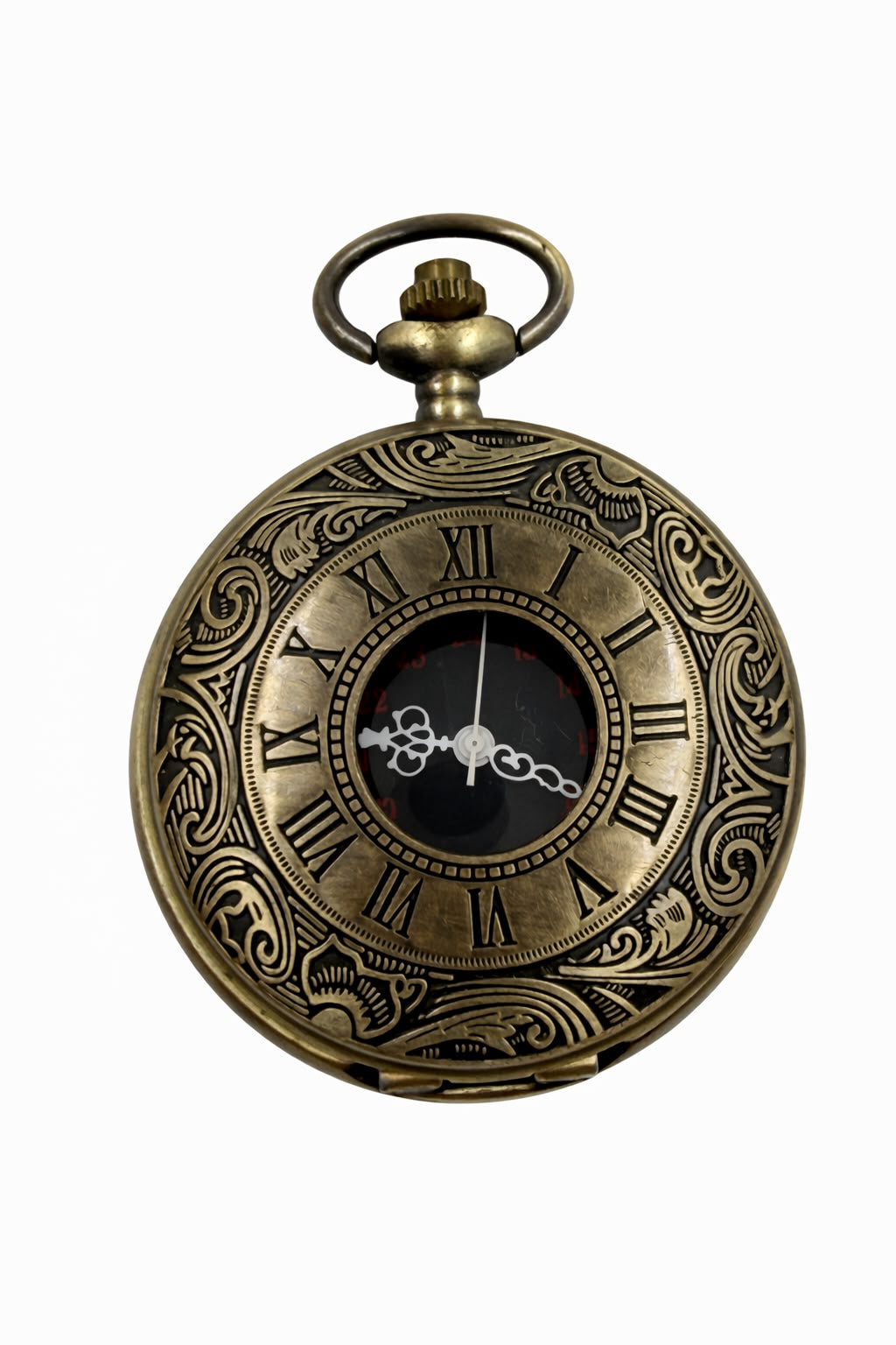 Vintage bronze pocket watch close-up of crown and ring clasp detail