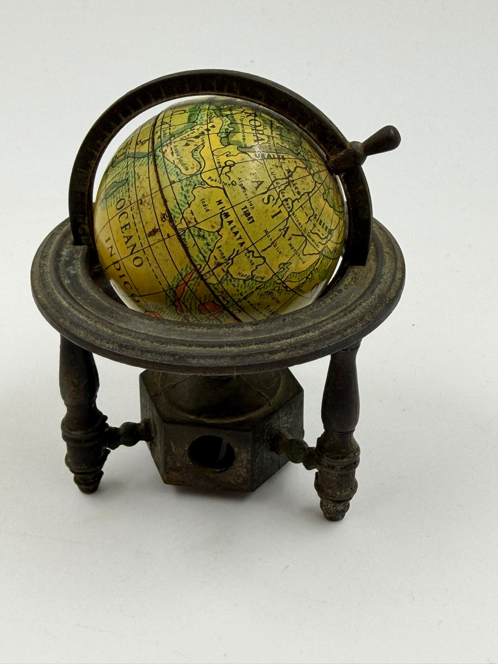 Vintage Spanish Metal Globe Pencil Sharpener – Rotating Miniature World Globe on Stand