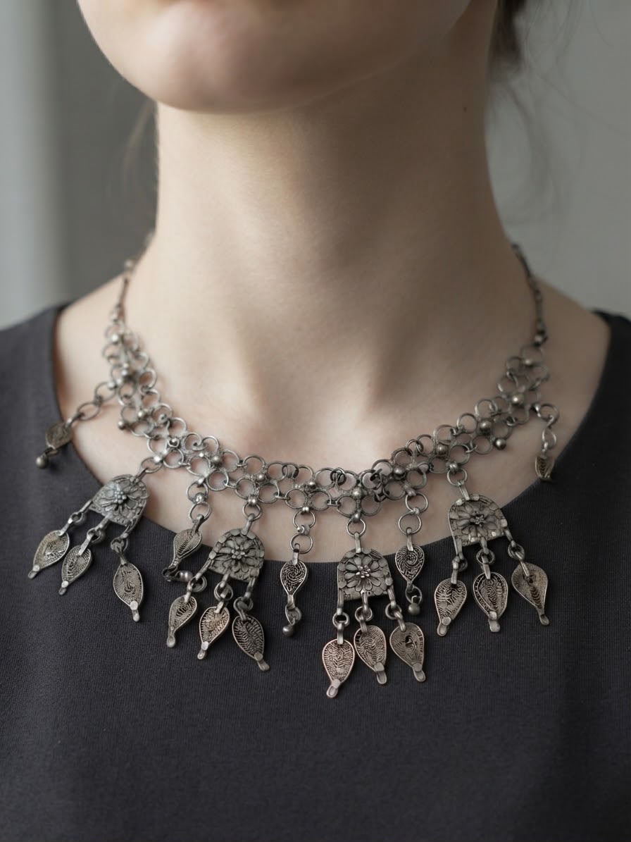 Antique Yemeni Silver Filigree Chandelier Bib Necklace with Wire-Wrapped Chain