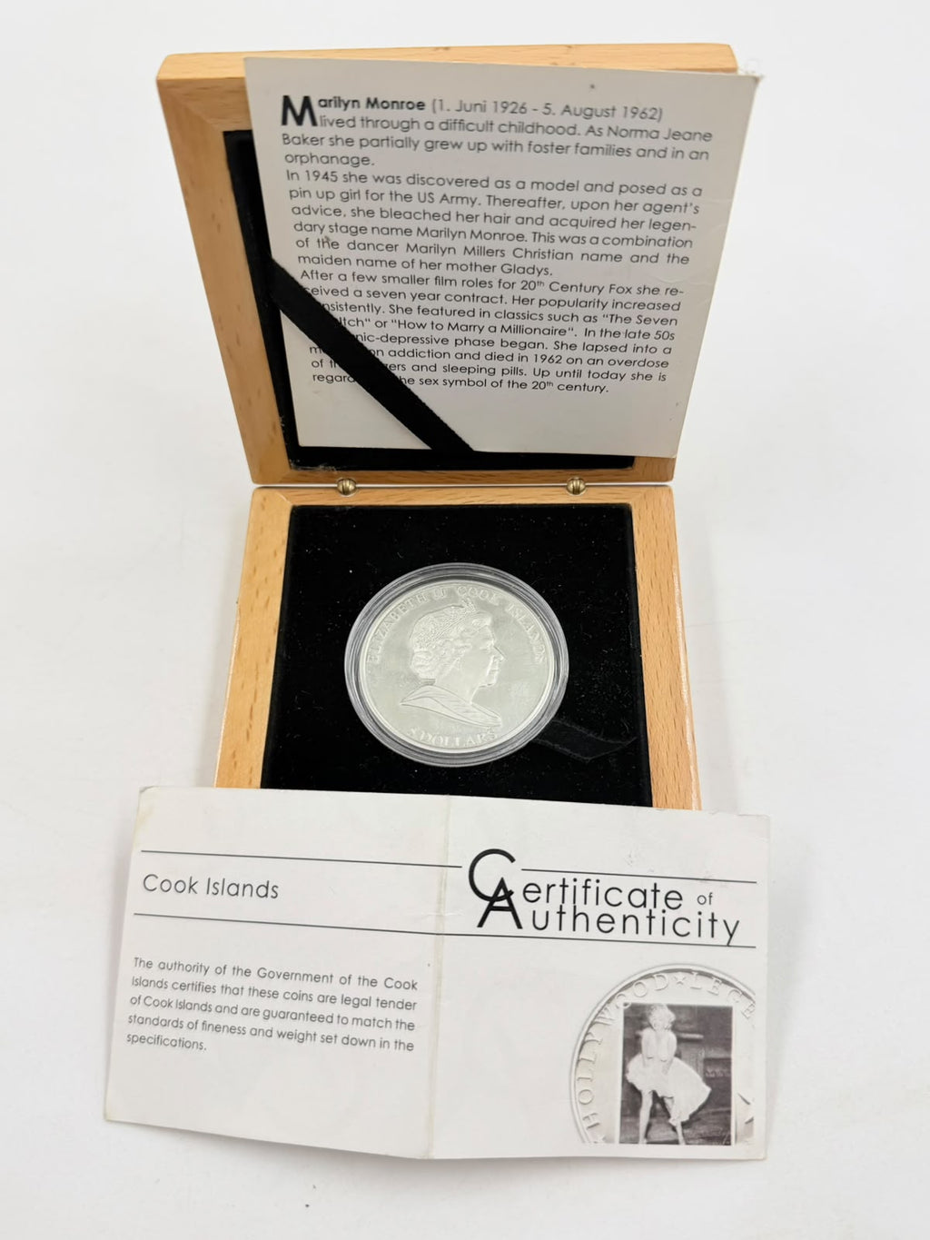 2011 Marilyn Monroe Silver Proof Coin | Cook Islands $5 | Hollywood Legends | 925 Silver | 38.61mm