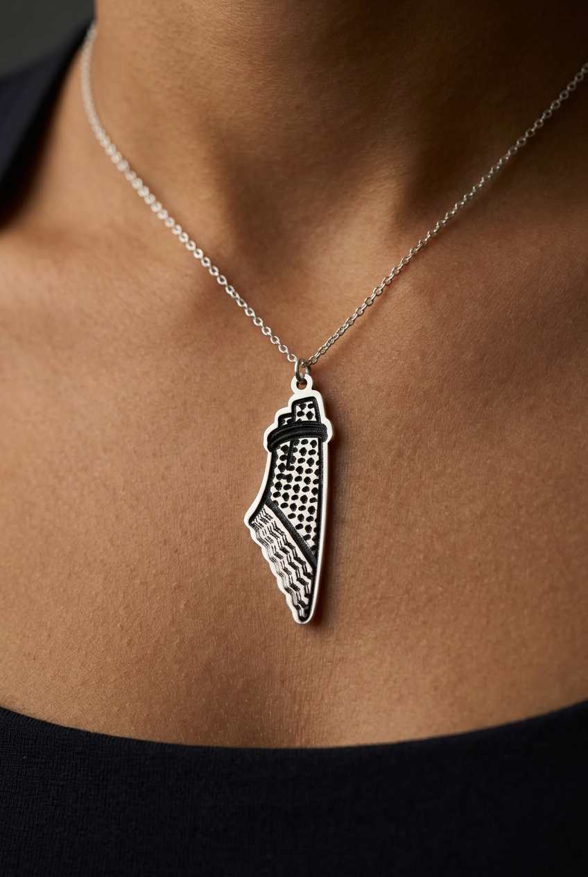 Person wearing sterling silver Palestine map keffiyeh pendant necklace